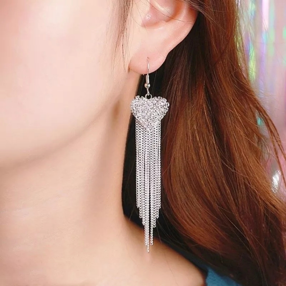 Silver & Gold White Crystal Heart Dangle Earrings - Picture 5 of 6